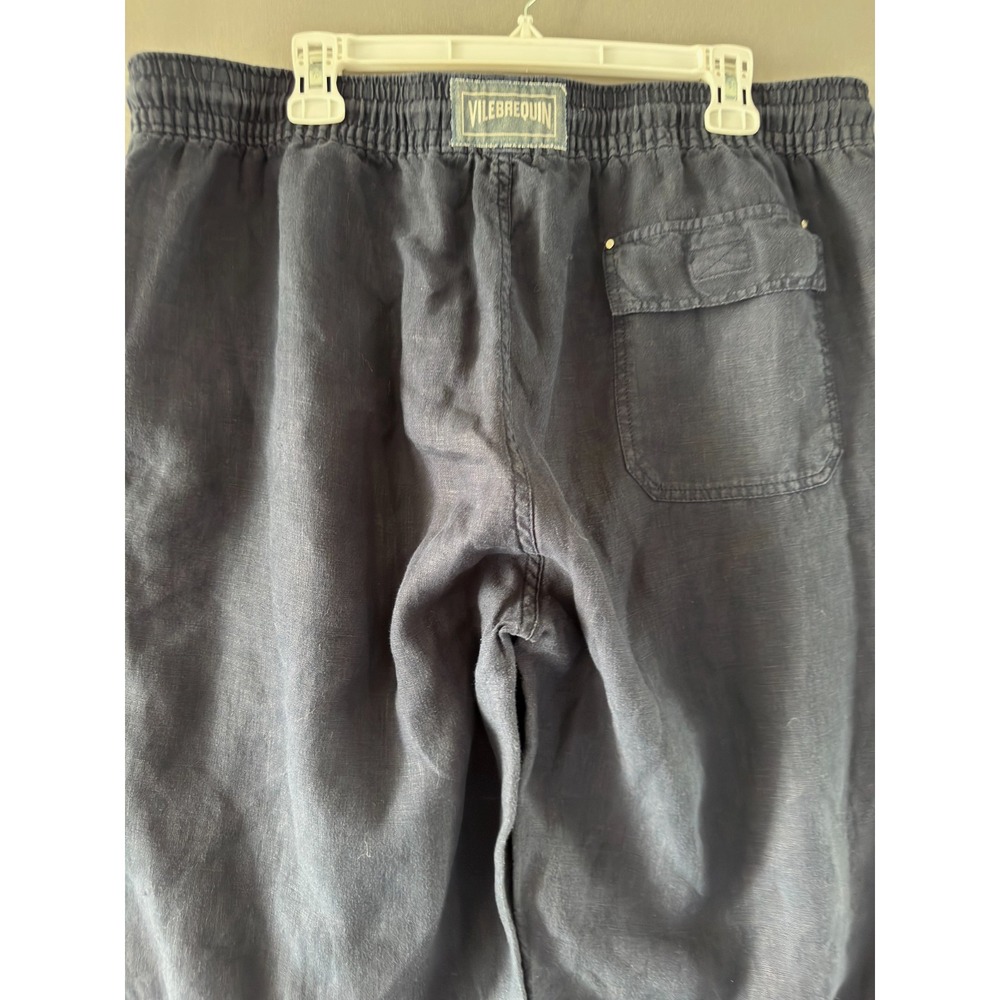Vilebrequin Mens XXL 100% Linen Pull‑On Pants 33" Inseam Navy Blue Cargo Morocco - Picture 3 of 12